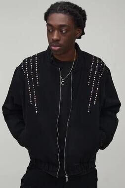 NEW Boohoo Boxy Embellished Denim Bomber Jacket Men's Black Size S